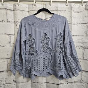Altar’d state women Sz S crocheted lace bell sleeve 100% Cotton blouse top blue